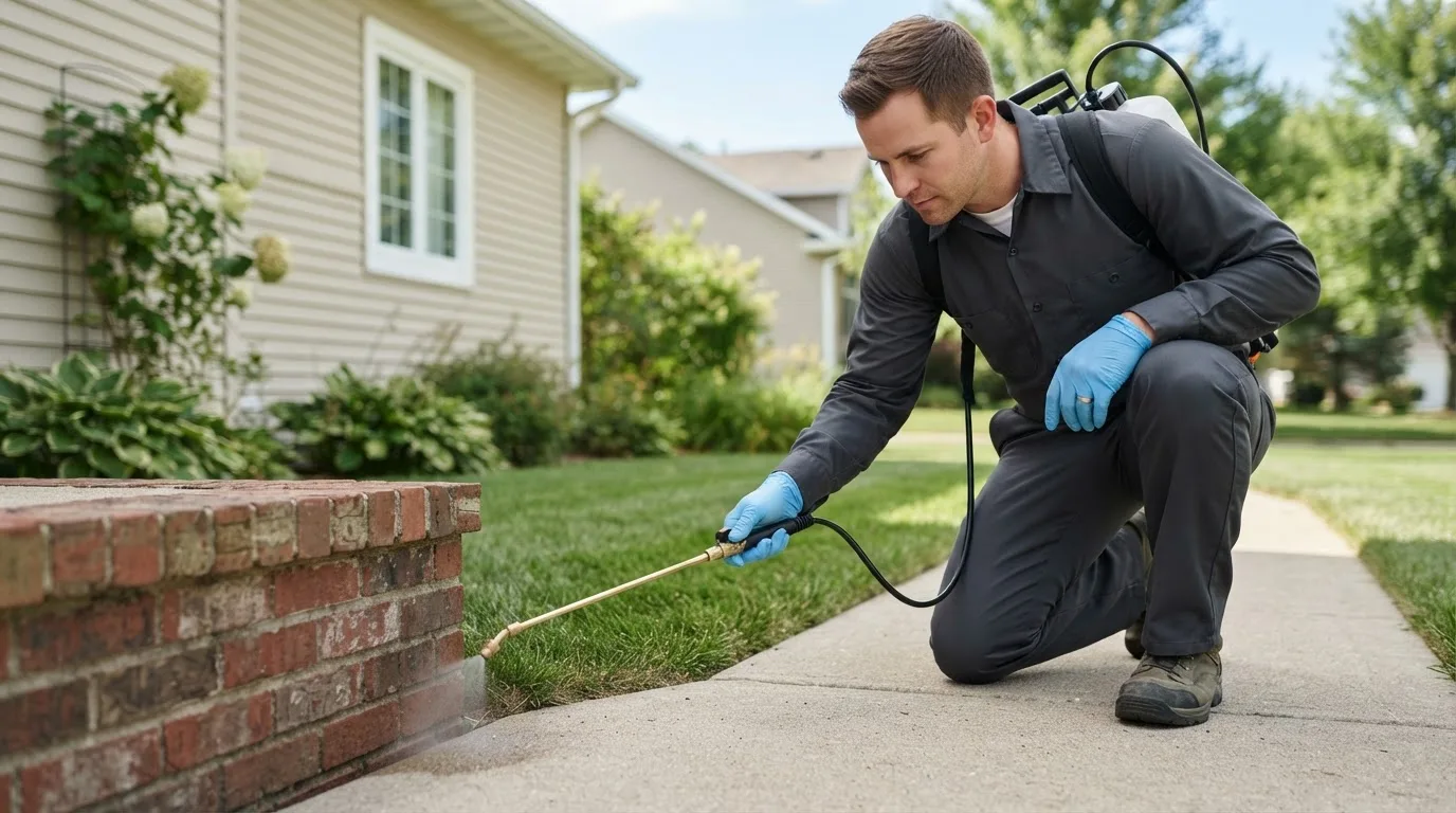Pest control technician treating a home near Howland, ME